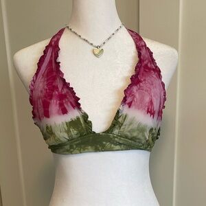 pink and green tie dye swim top